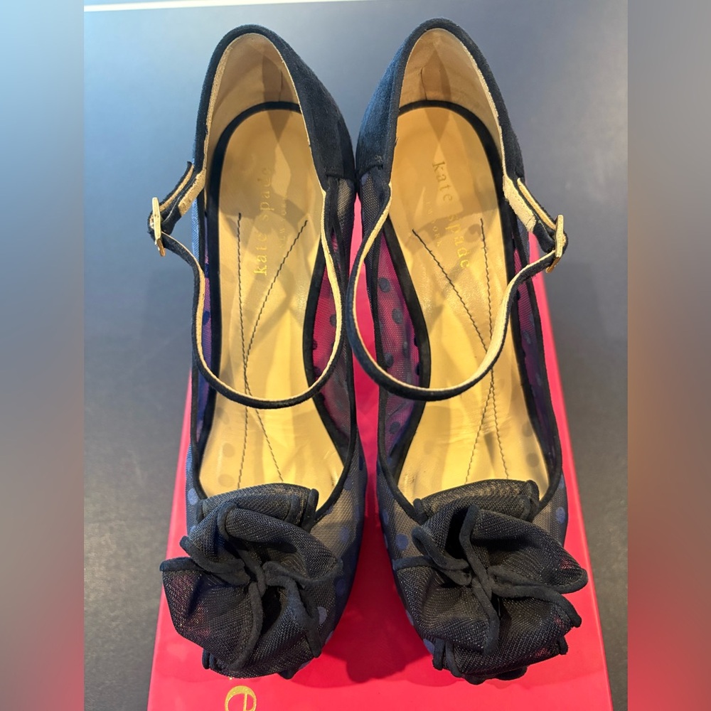 kate spade, 7.5B blue suede and mesh peep toe pump, 3 inch heel